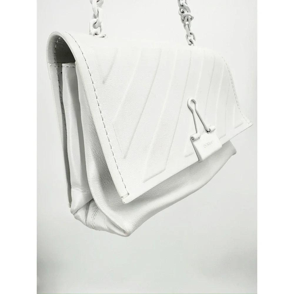 Off White White Leather Embossed Diagonal Stripe Soft‎ Binder Clip Shoulder Bag